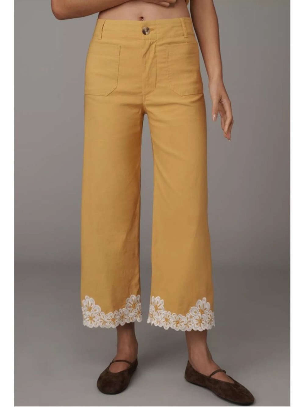 Anthropologie Maeve Pants Colette Wide Leg Cropped Narcissus Yellow Embroidered